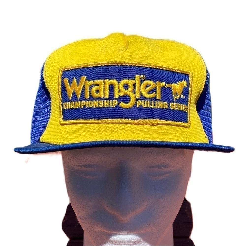 Vintage Wrangler Championship Pulling Patch Trucker Hat Snap Back Mesh Blue